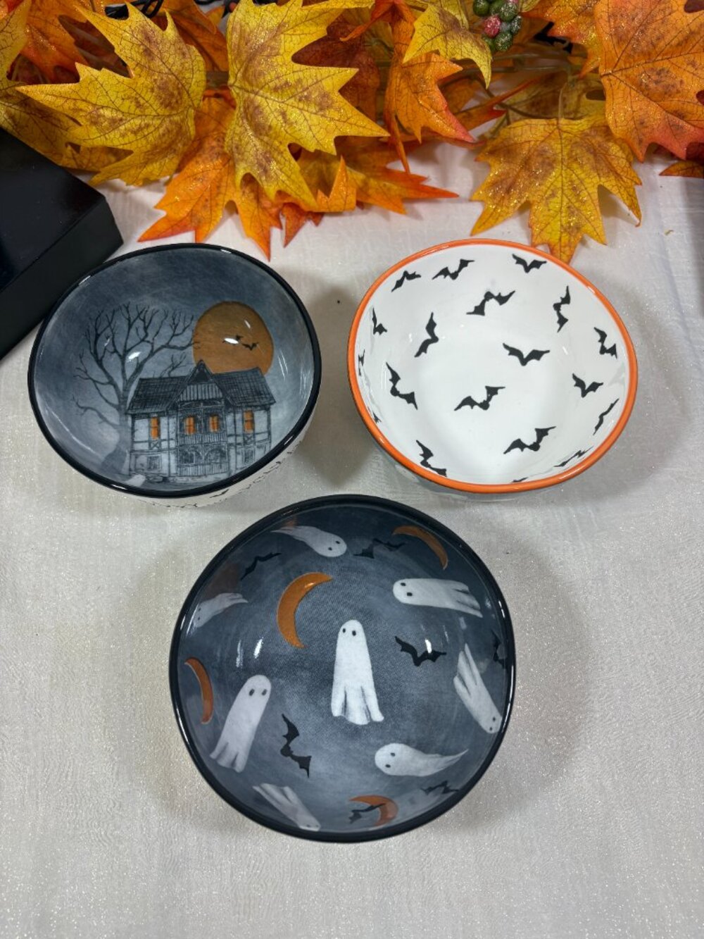 Set of 3 Halloween Snack Treat Dipping  Bowls Bats Ghost Haunted House New